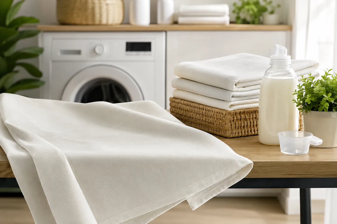 Folded white polyester tablecloth beside detergent and laundry basket, illustrating proper washing care