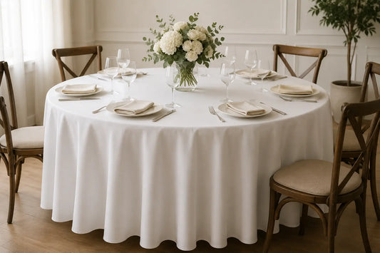 White round tablecloth on dining table with place settings, ivory napkins, and white floral centerpiece