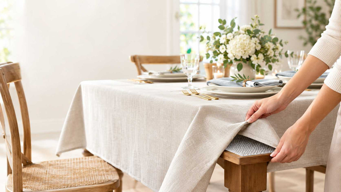 Hands lifting a linen tablecloth to show a non-slip grip pad underneath on a wooden dining table