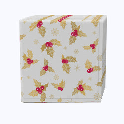 Golden Holly Berry Leaves Cotton Napkins